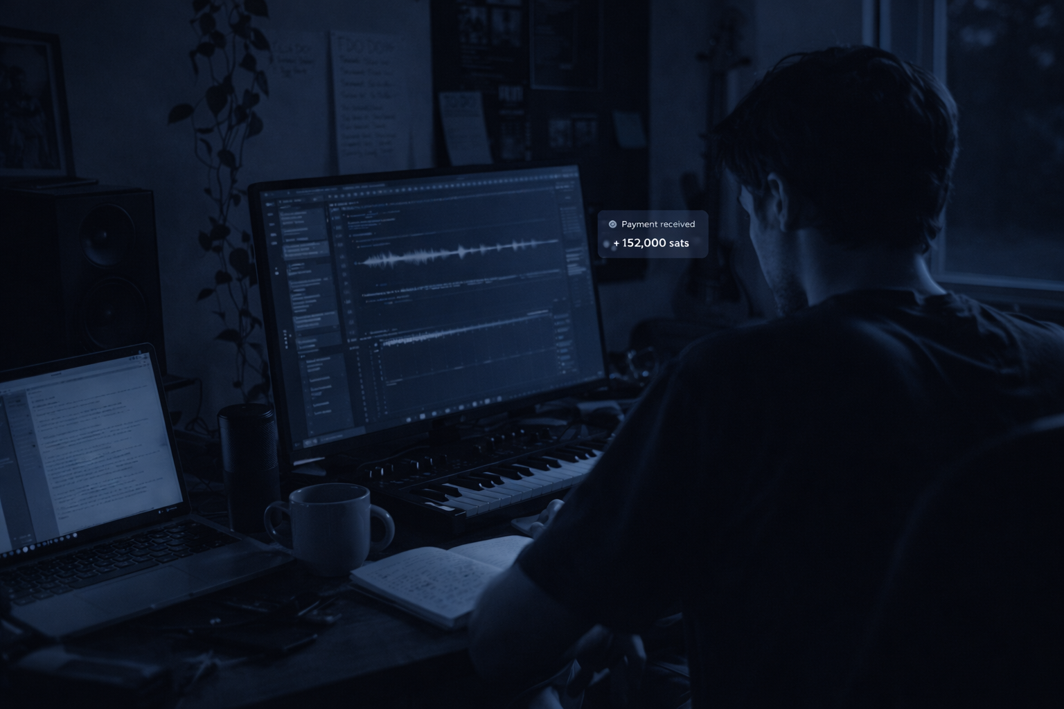 Creator working at a studio desk with production and code tools open