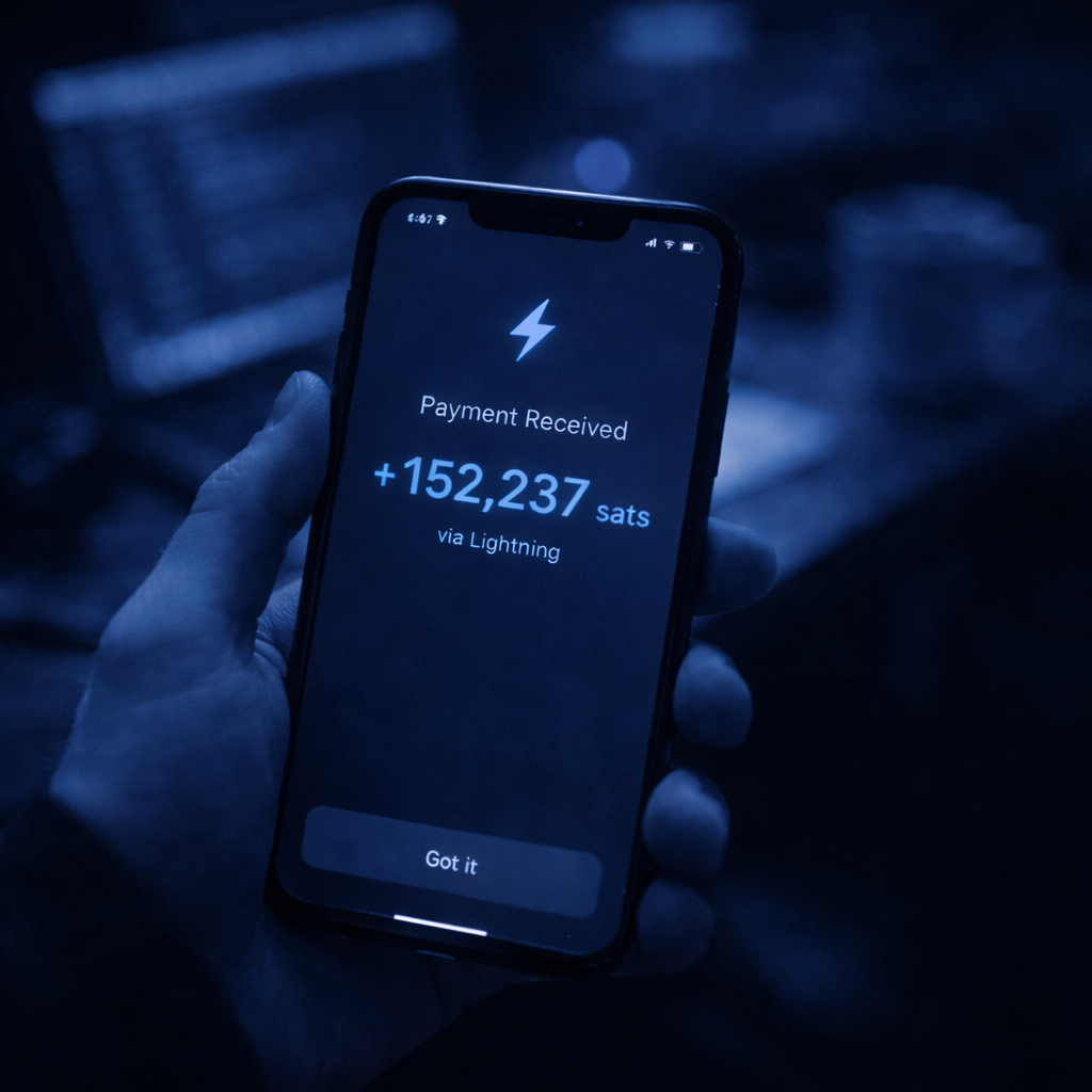 Mobile payment confirmation showing sats received over Lightning